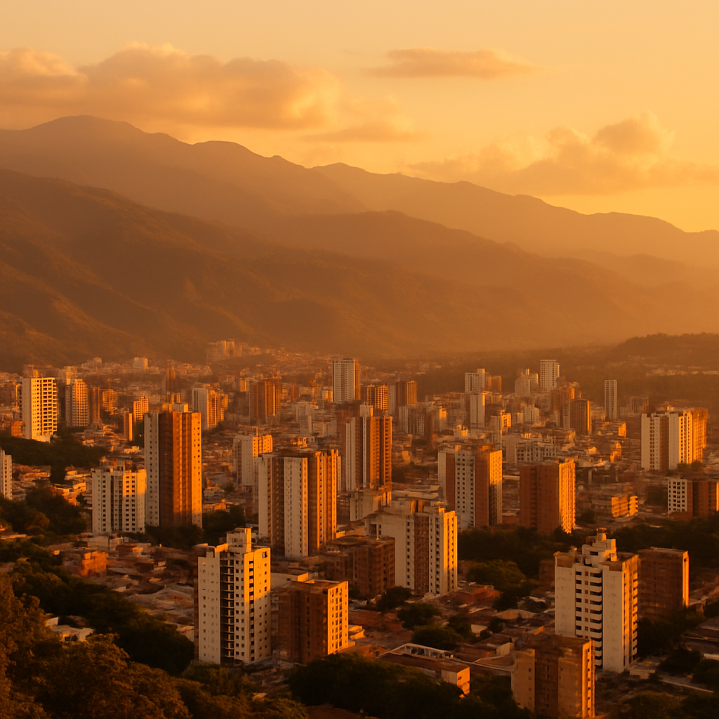 Skyline editorial de Bucaramanga al atardecer con la cordillera al fondo