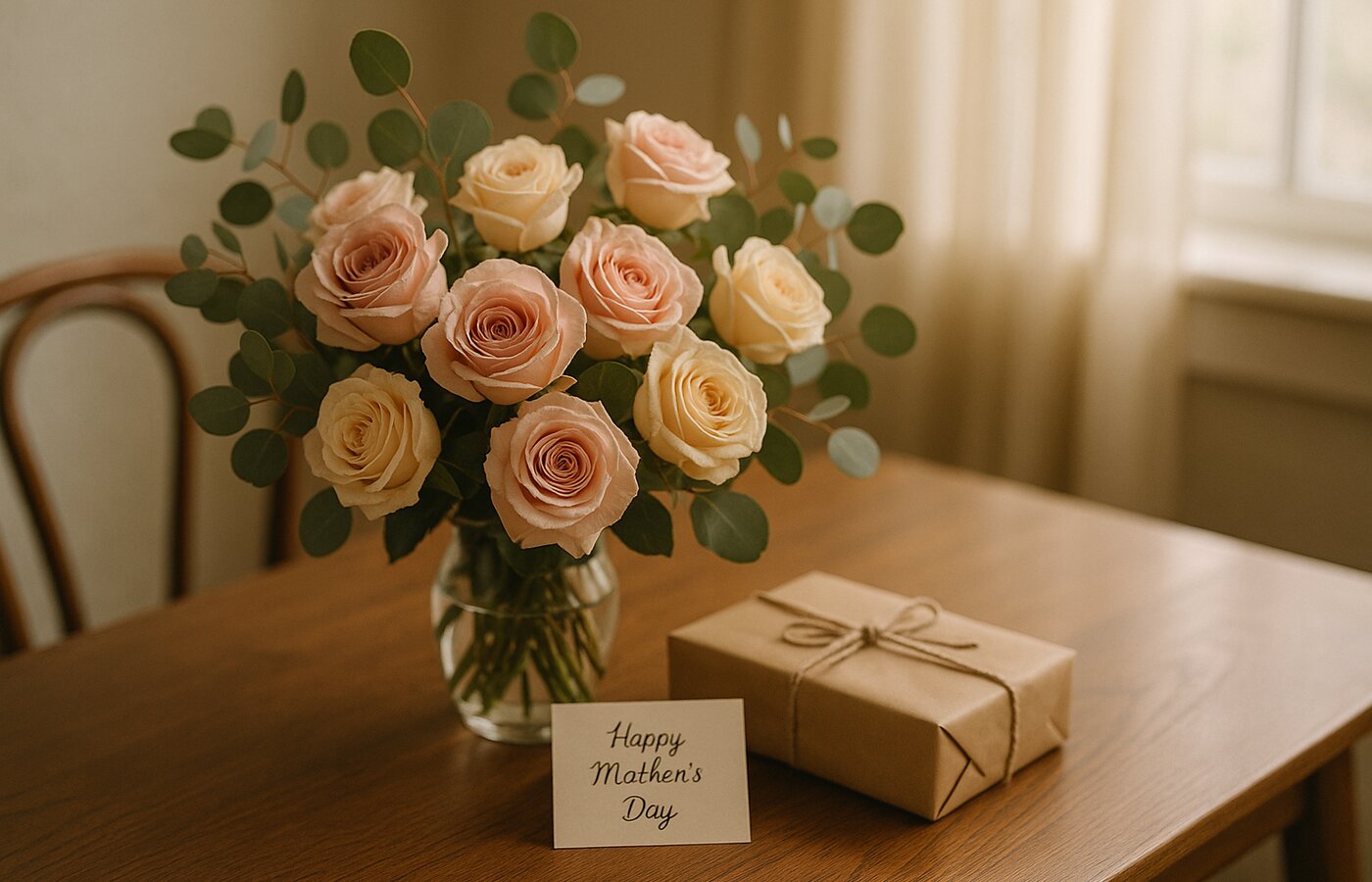 Ramo de rosas rosadas y crema sobre mesa de madera con tarjeta y regalo para Día de la Madre en Bucaramanga