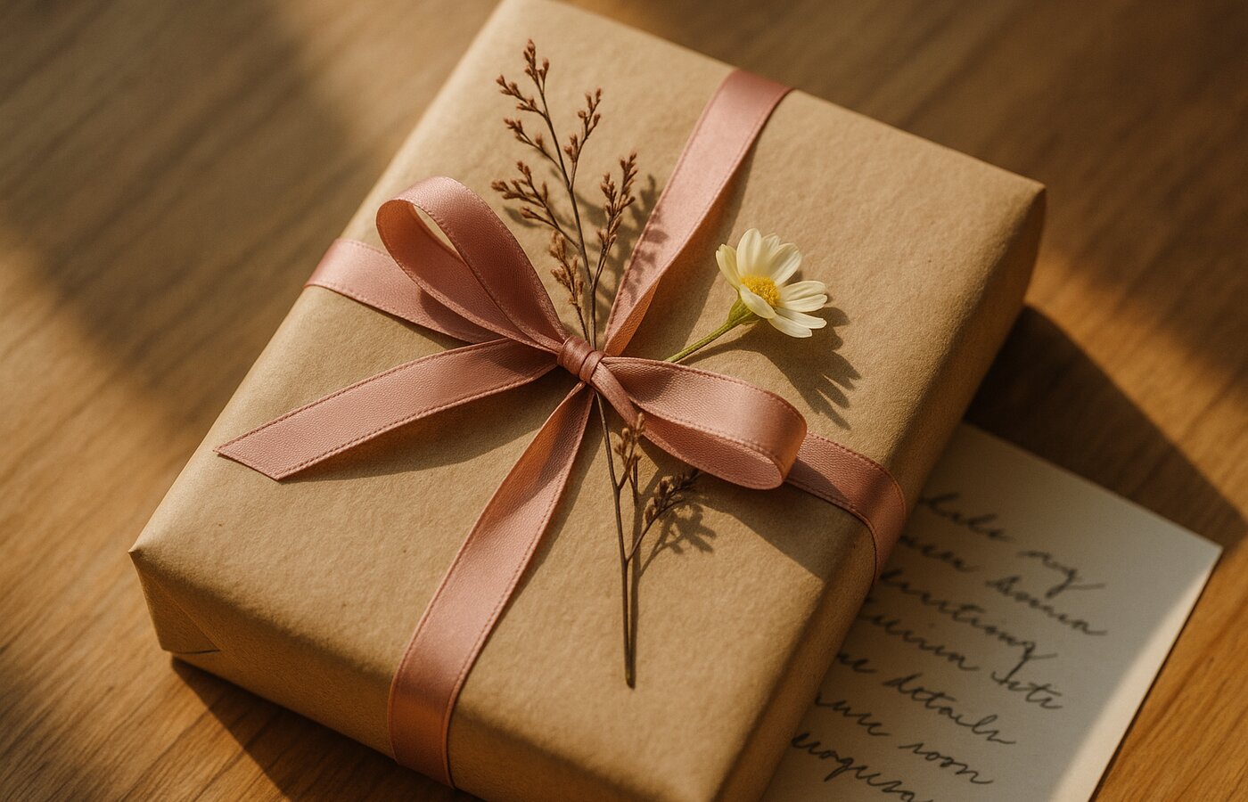 Empaque artesanal de regalo con cinta rosa y flor encima sobre superficie de madera para Día de la Madre