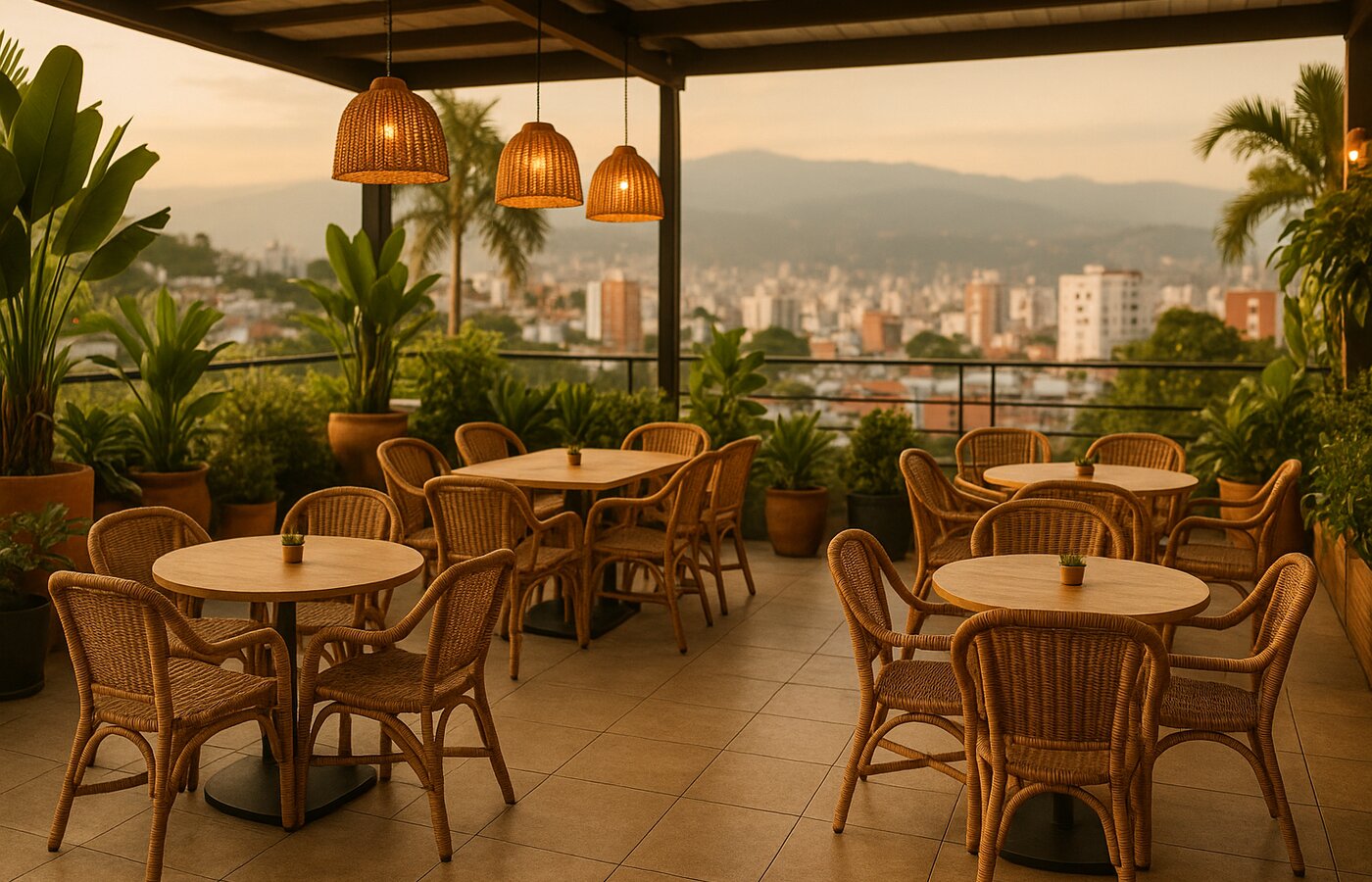 Terraza de restaurante en Cabecera Bucaramanga al atardecer, ambiente preparado para almuerzo familiar del Día de la Madre