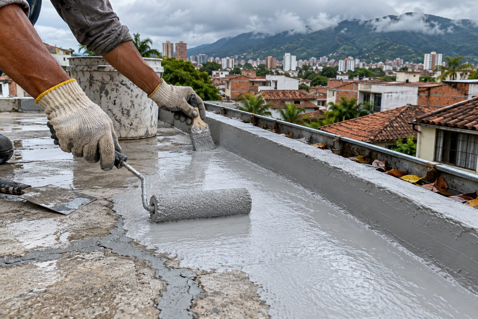 Manos con guantes aplican impermeabilizante gris con rodillo y brocha sobre la placa de una terraza en Bucaramanga, con tejados de barro y cerros nublados al fondo