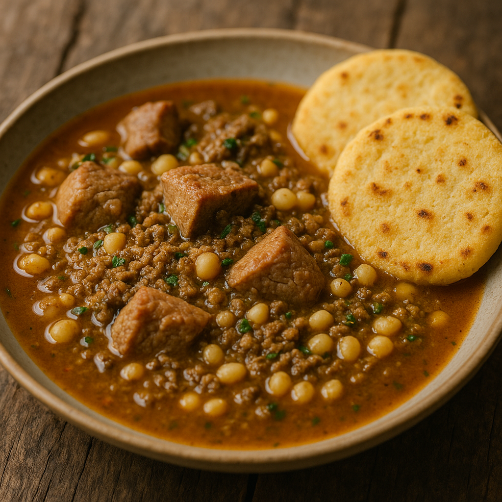 Plato tradicional santandereano con mute, carne y arepas