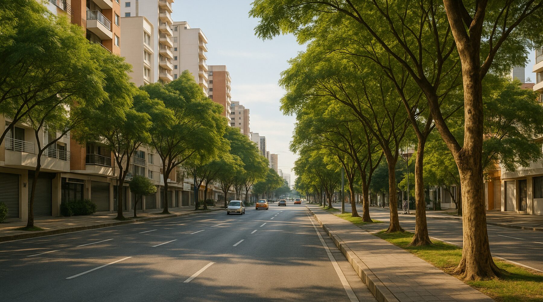 Mañana soleada en Bucaramanga: calle con árboles y luz limpia