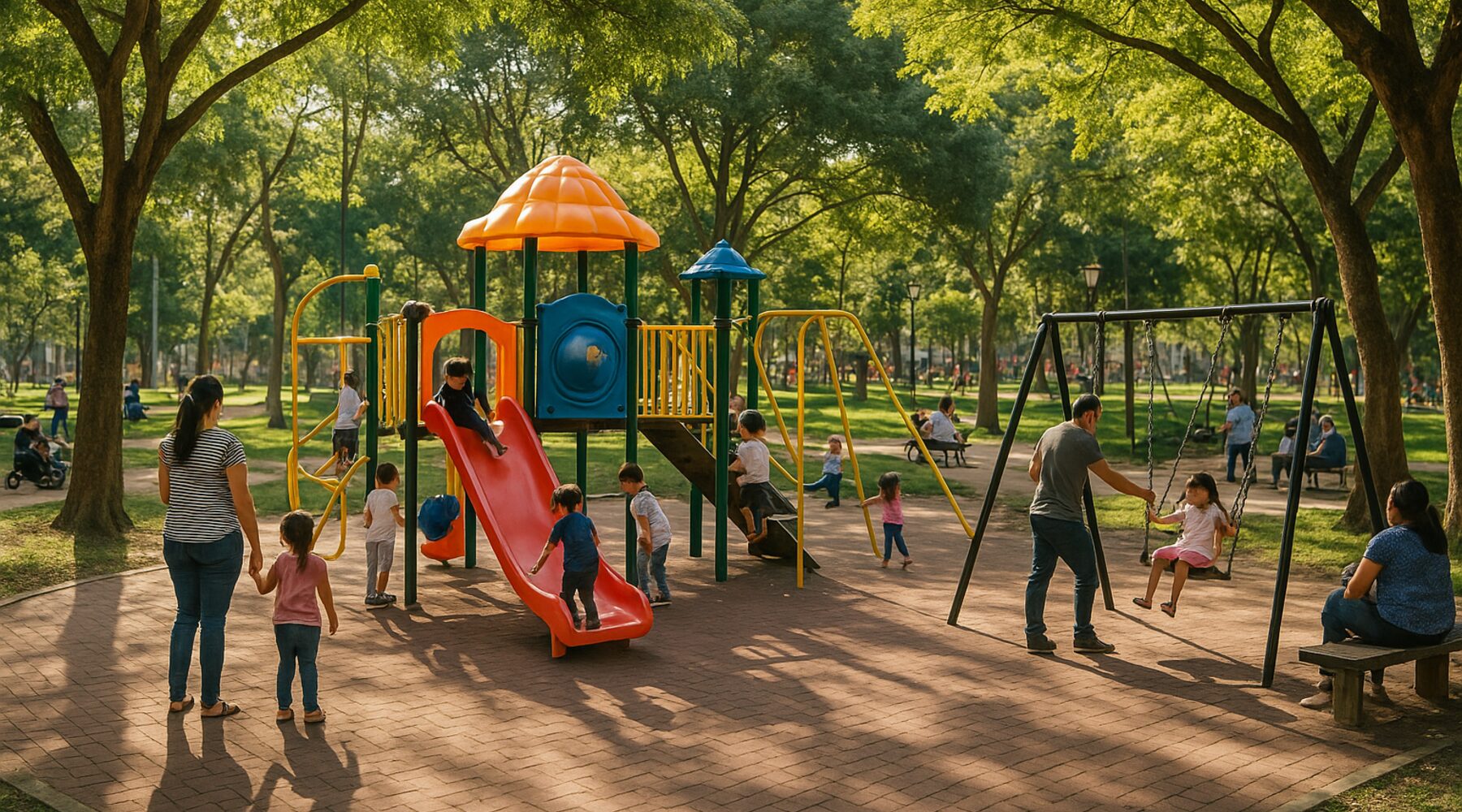 Zona de parque familiar con juegos y sombra