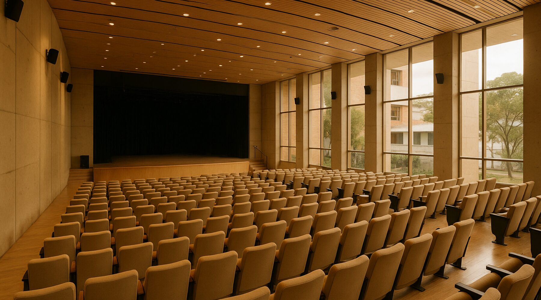 Espacio cultural interior en Bucaramanga con iluminación suave