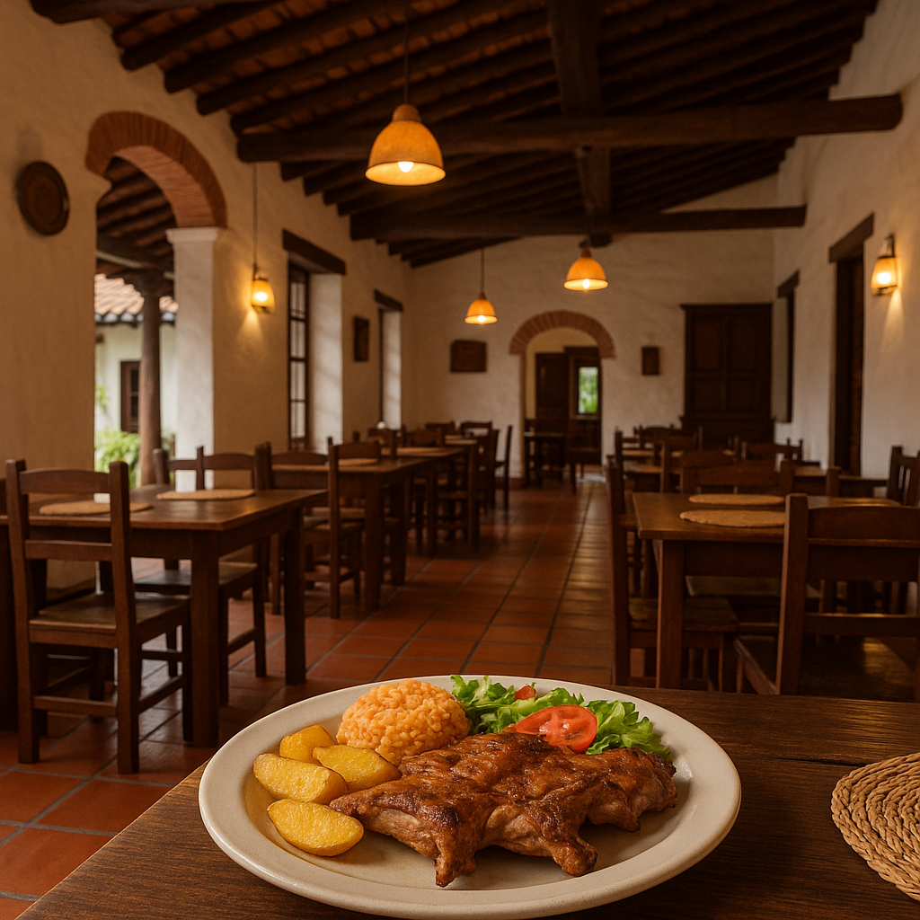 Interior de un restaurante tradicional de cocina santandereana con arquitectura colonial y luz ambiente cálida